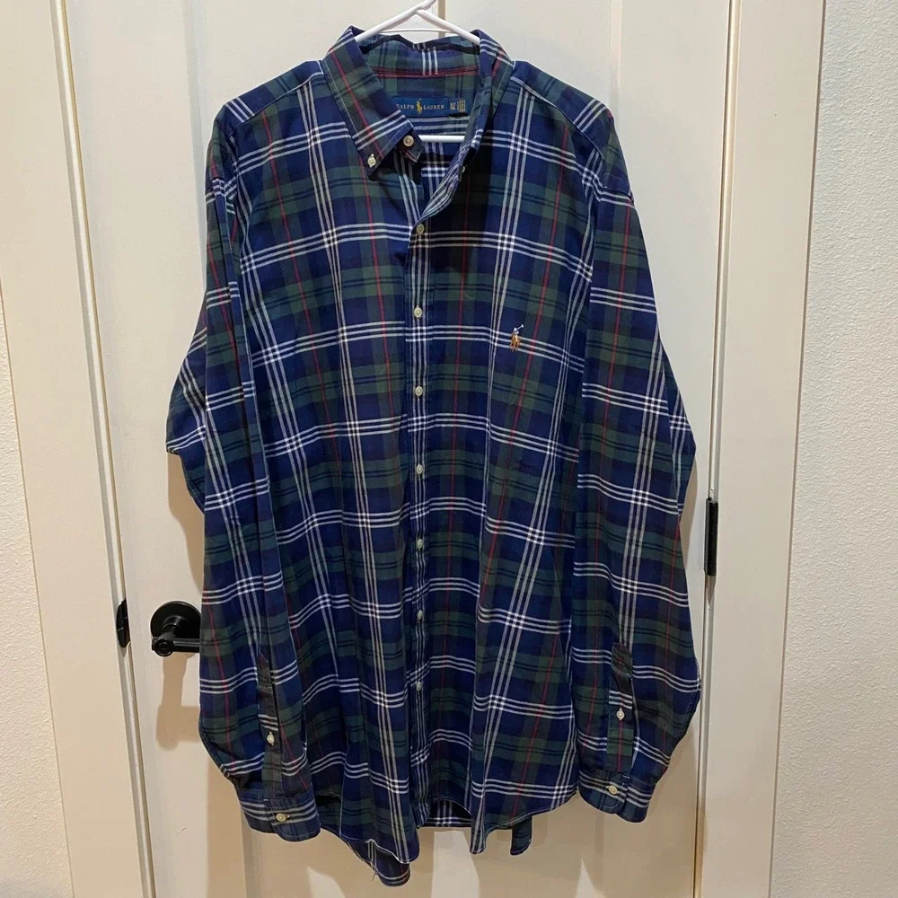 Ralph Lauren Mens XLT Plaid Button Down Shirt Navy Blue Green Long Sleeve Tall